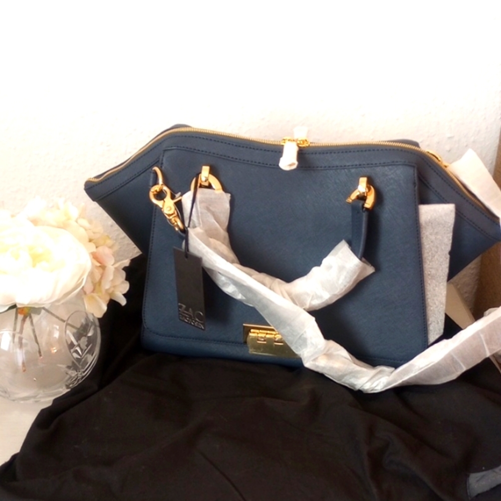 NWT ZAC Posen Large Leather Iconic Eartha In Navy Blue Crossbody Top Handle